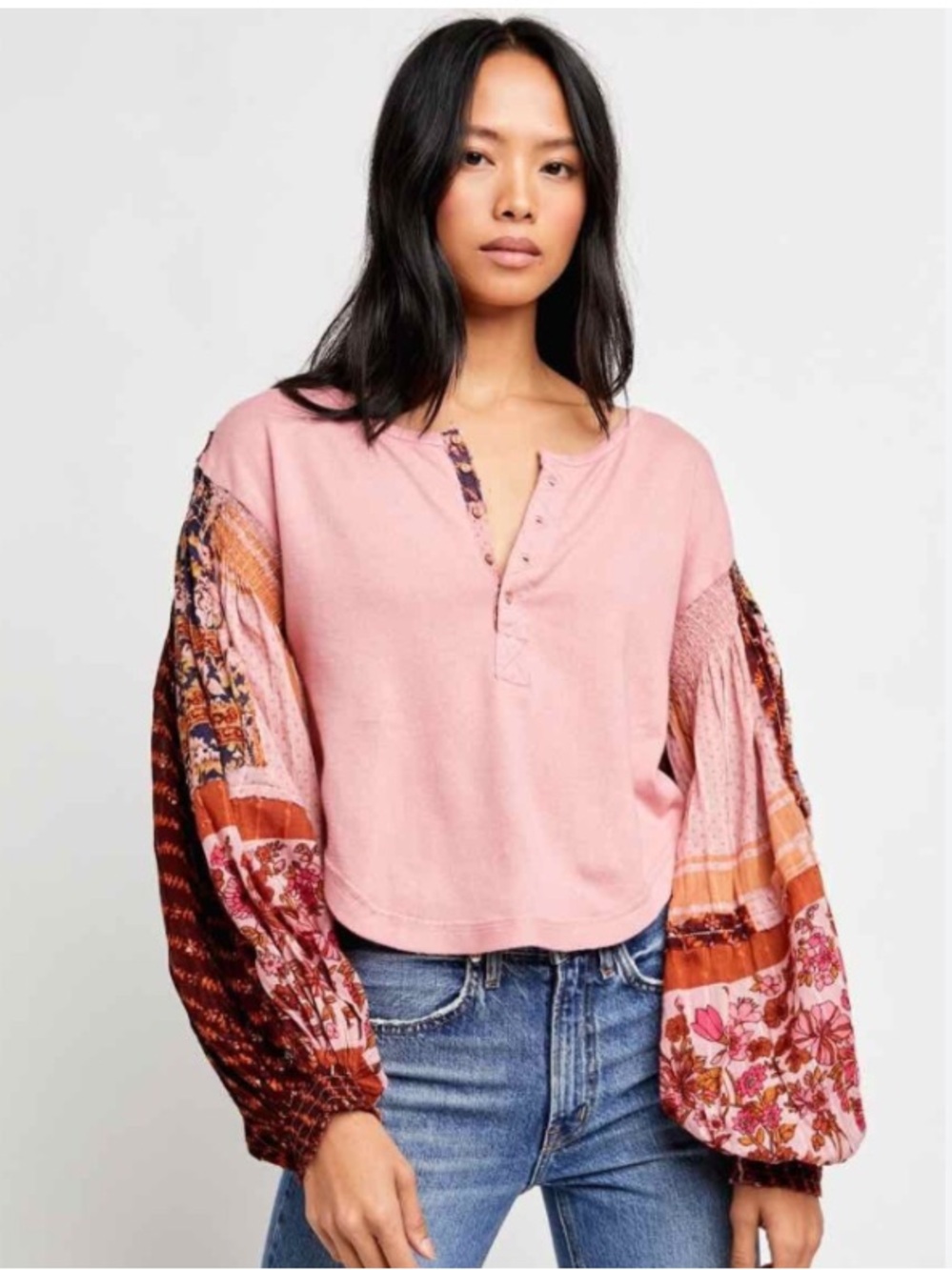 Free People  Light Magic Pink Henley with Printed Balloon Sleeves size Small